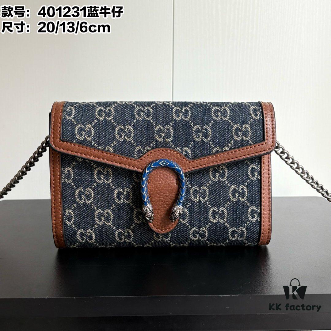 Gucci Dionysus GG Mini Wallet Brown Blue Denim Handbag Silver Chain Bag Italy NW
