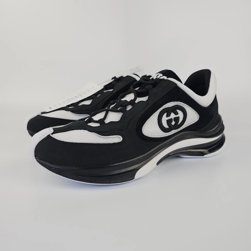 Zapatillas bajas de piel GUCCI Run GG para hombre, color negro/blanco, nuevas,