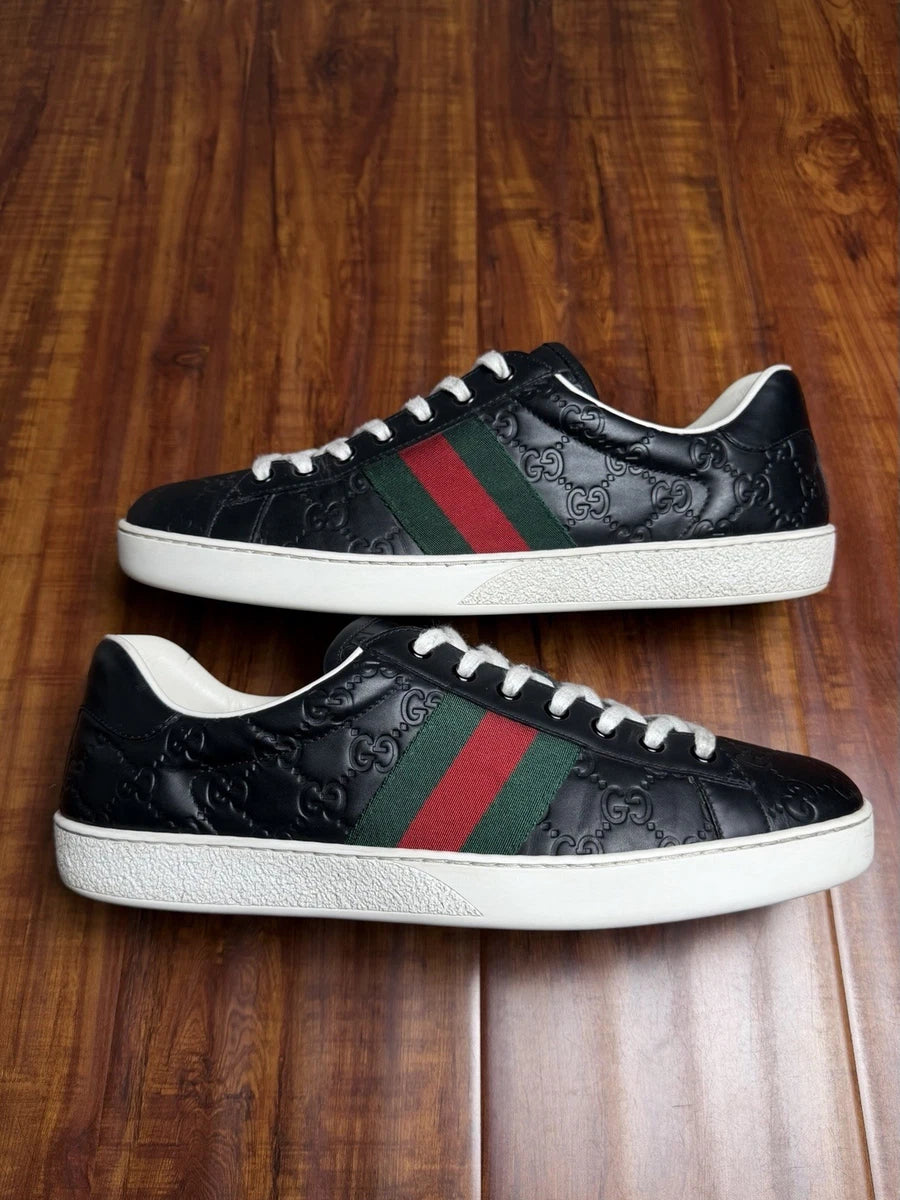 Gucci Ace Sneaker – Black GG Embossed Leather with Green & Red Web